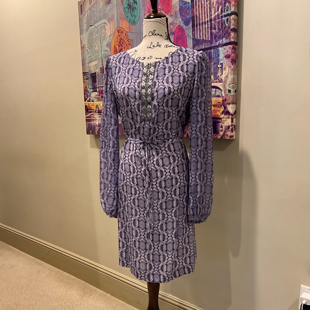 Robert Graham Purple and Gray Sheath Dress with Bishop Sleeves